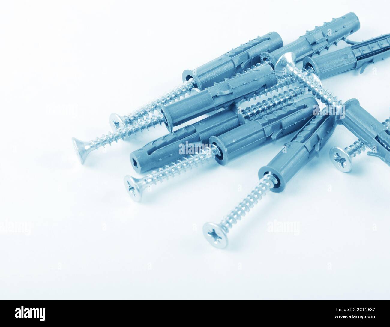 The new silver screws with dowels close-up Stock Photo