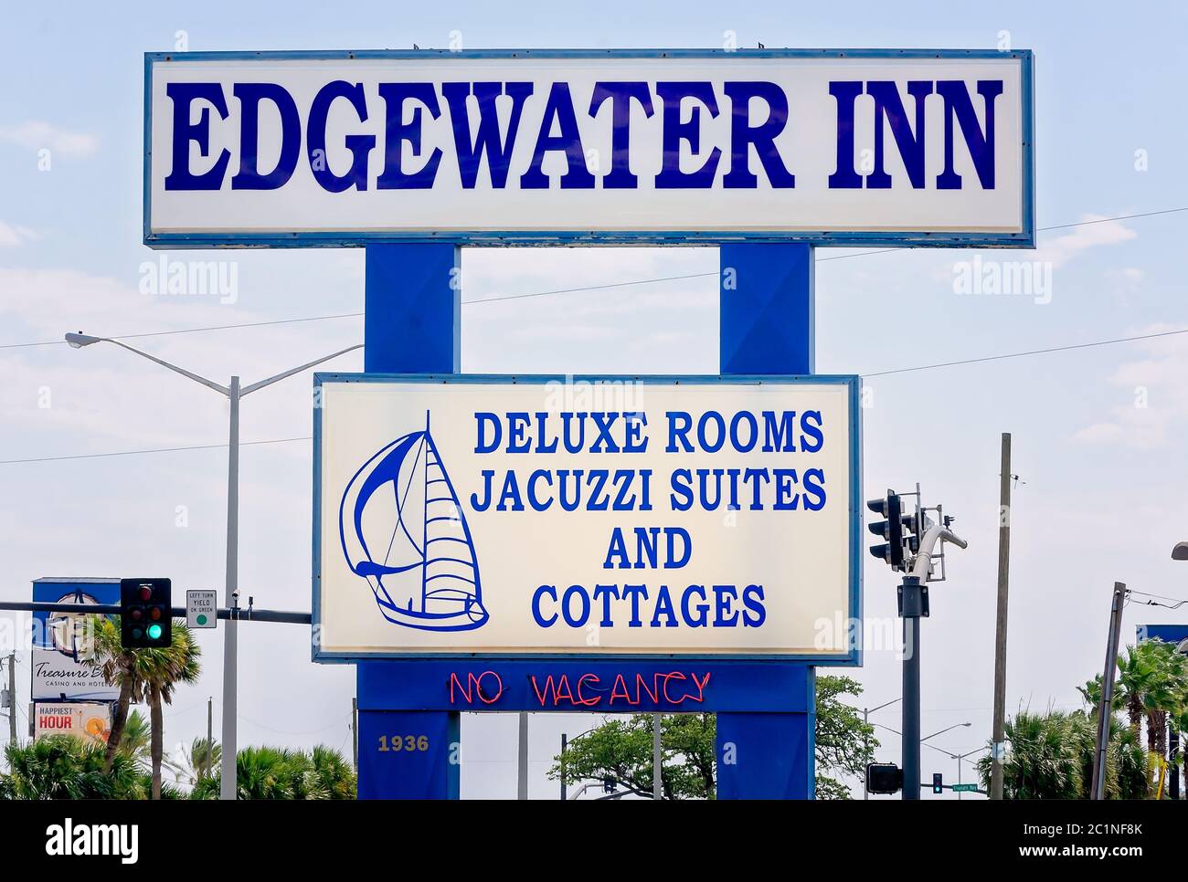 The Edgewater Inn sign is pictured, June 14, 2020, in Biloxi, Mississippi. The three-story motor inn was built on Beach Boulevard in 1987. Stock Photo