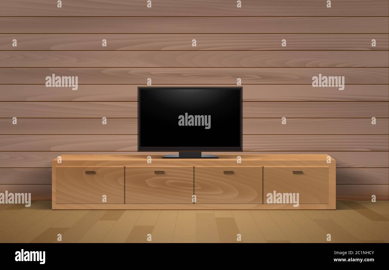 lcd tv on the wooden showcase and cabinet in the livingroom Stock Vector