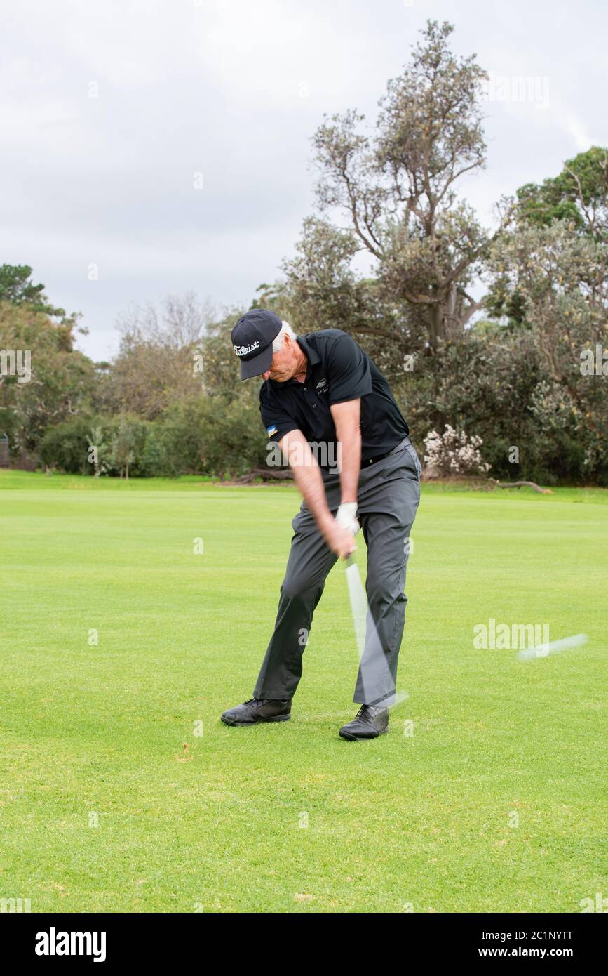 Man on golf course hitting golf ball at impact, Victoria Australia Stock Photo