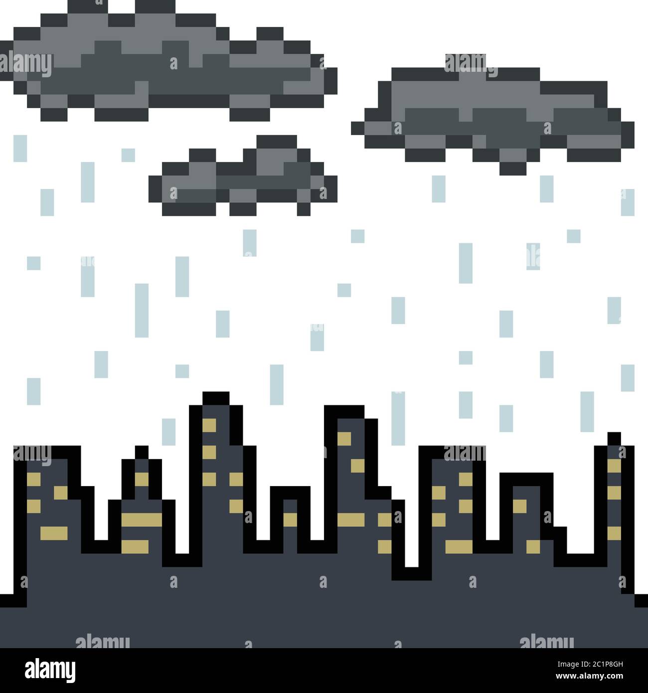 Vector Pixel Art City Cloudy Rain Isolated Cartoon Stock Vector Image