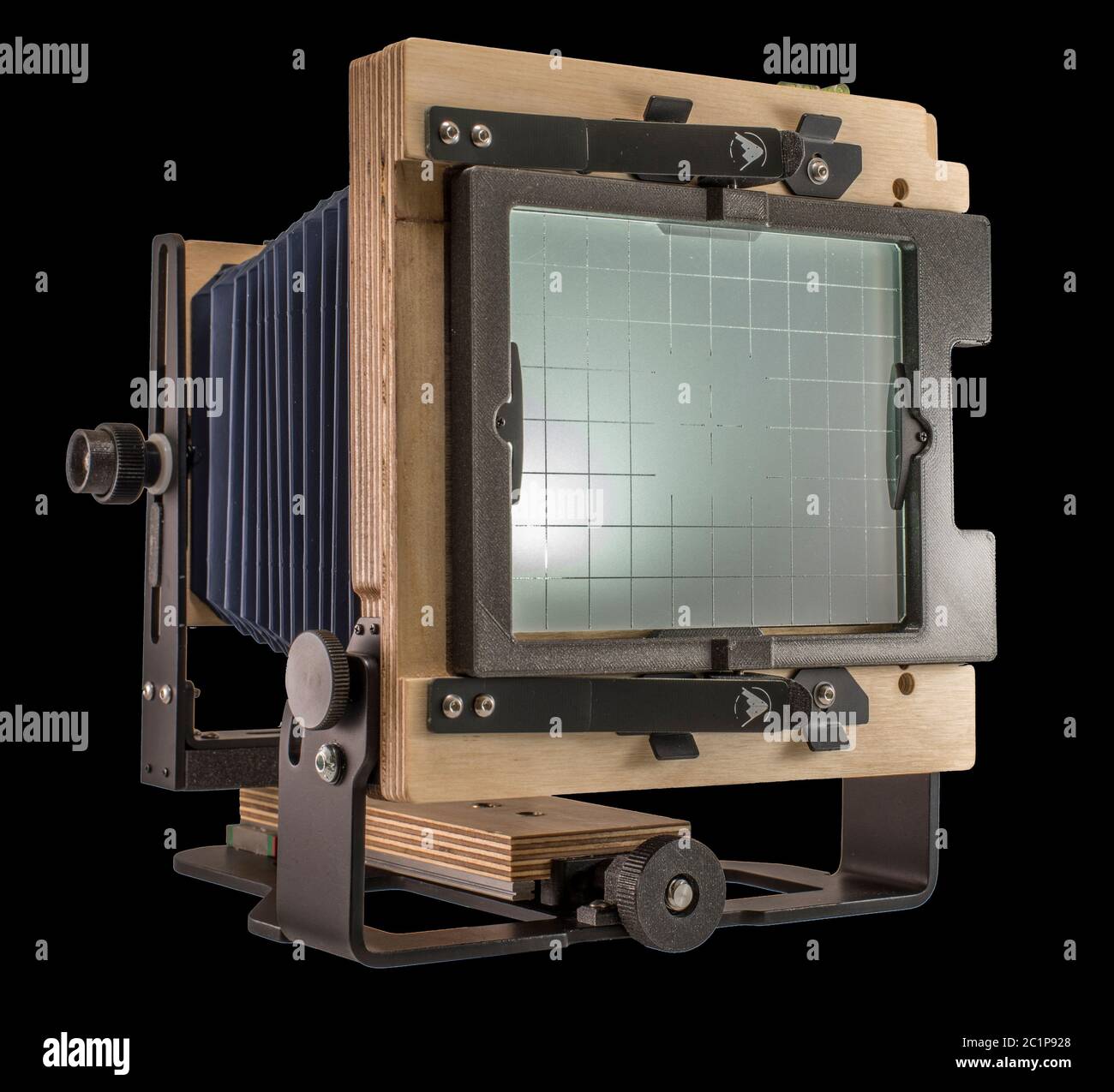 Intrepid 4X5 Mark IV Plywood Folding Field Film Camera on Plain Black Background for Easy Isolation and Cutout Stock Photo