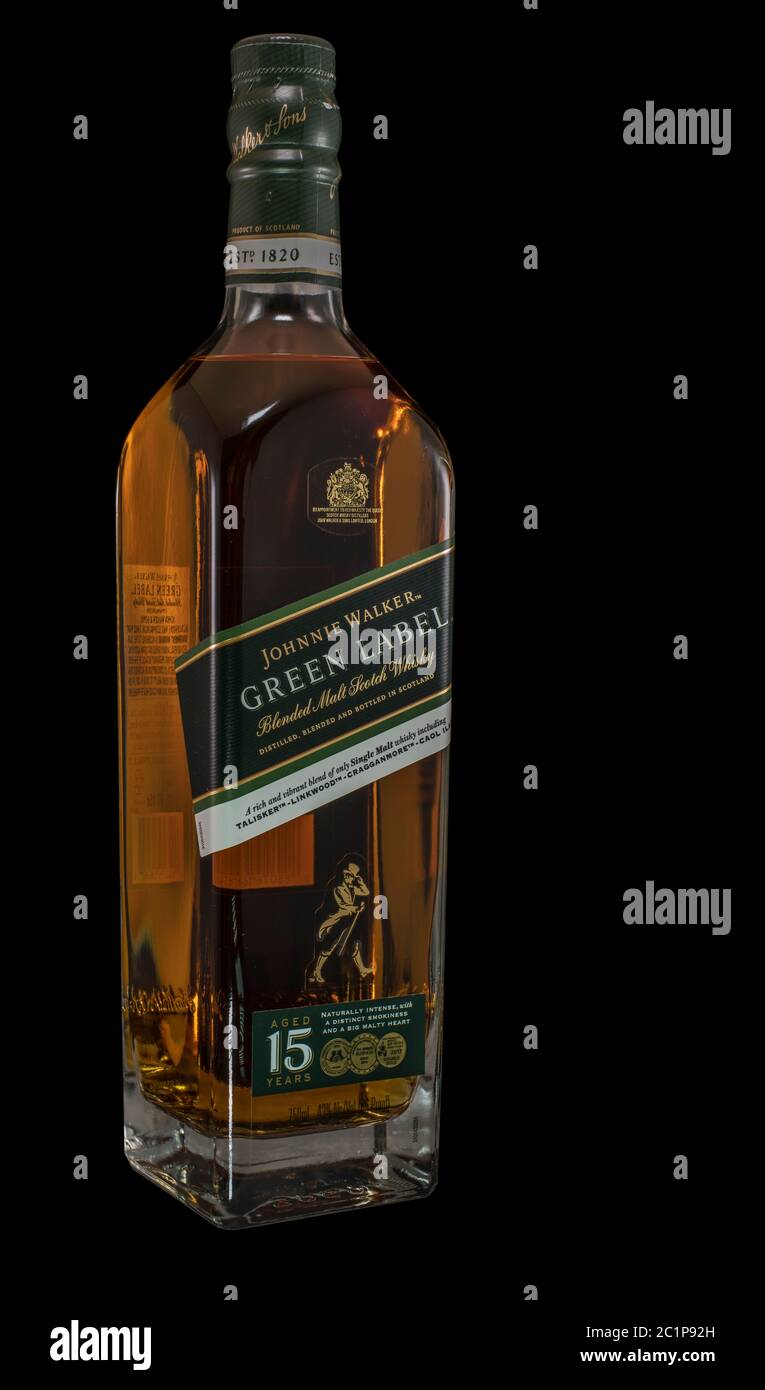 Johnnie Walker Green Label Blended Scotch Whiskey on Black Background for Easy Masking, Isolation, and Object Cut Out Stock Photo