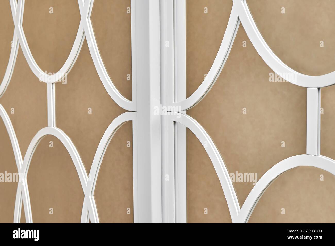 Sliding mirror wardrobe doors with overlays decor. White sliding mirror