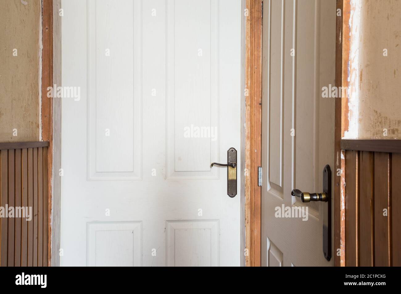 Close up of a old wooden door, renovate hallway vintage Stock Photo