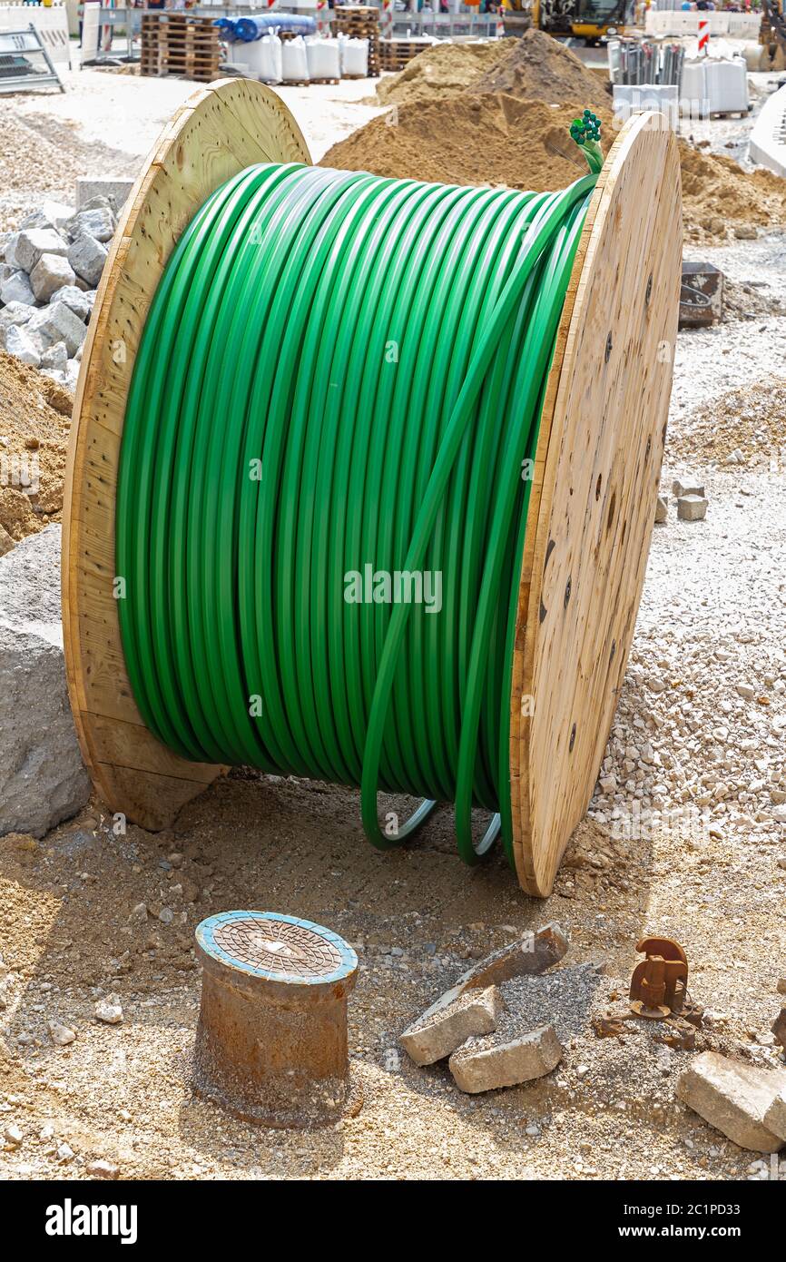 Cable drum with broadband cable on a cunstruction site Stock Photo