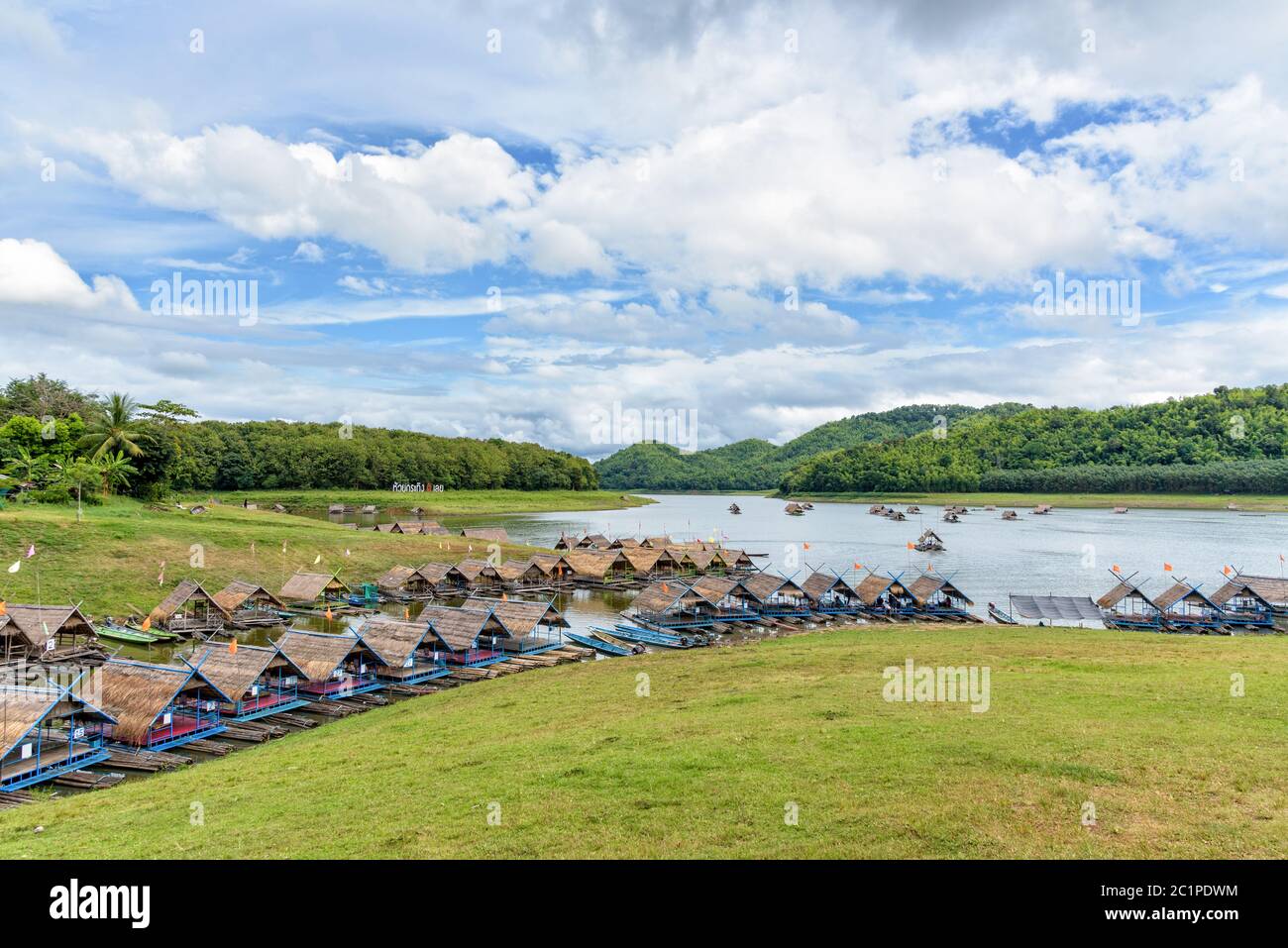 Bamboo rafts are floating restaurant Stock Photo