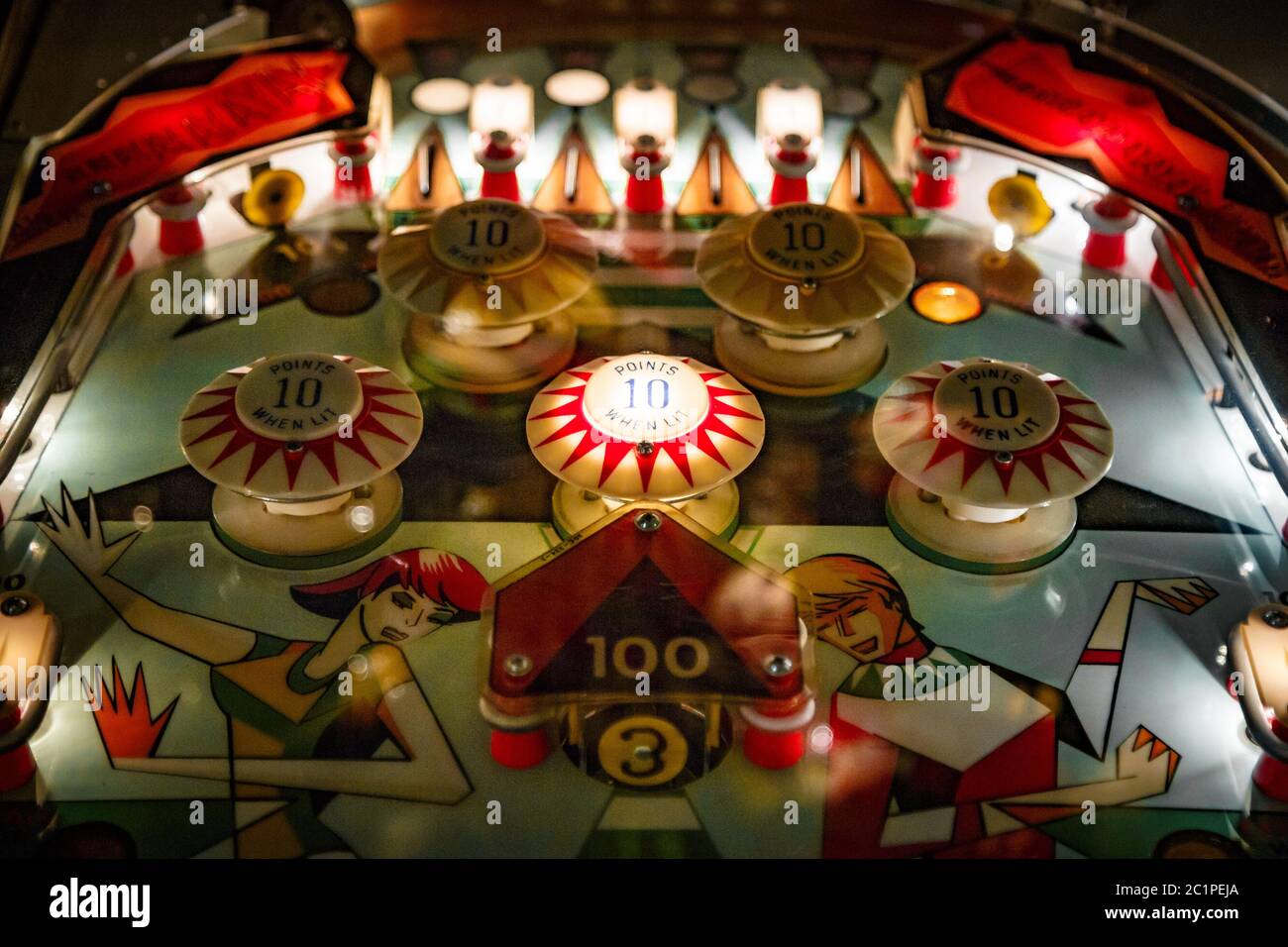 Budapest, Hungary - March 25, 2018: Pinball museum. Pinball table close up view of vintage machine Stock Photo