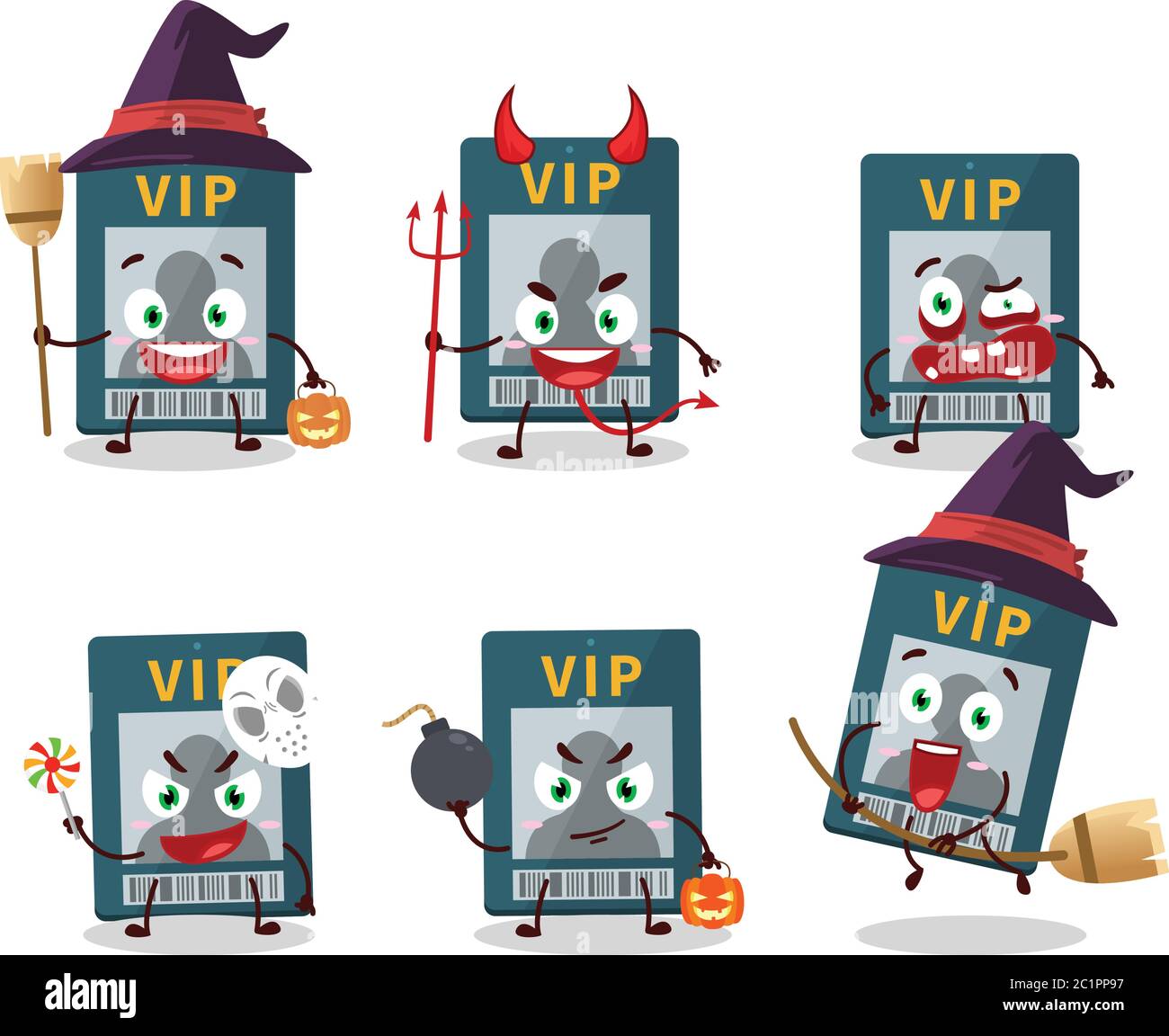 Halloween expression emoticons with cartoon character of vip card Stock Vector
