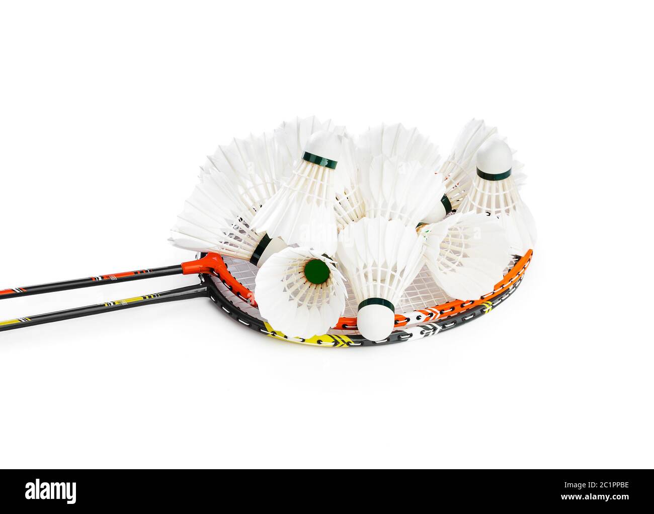 Badminton rackets and feather shuttlecocks Stock Photo Alamy