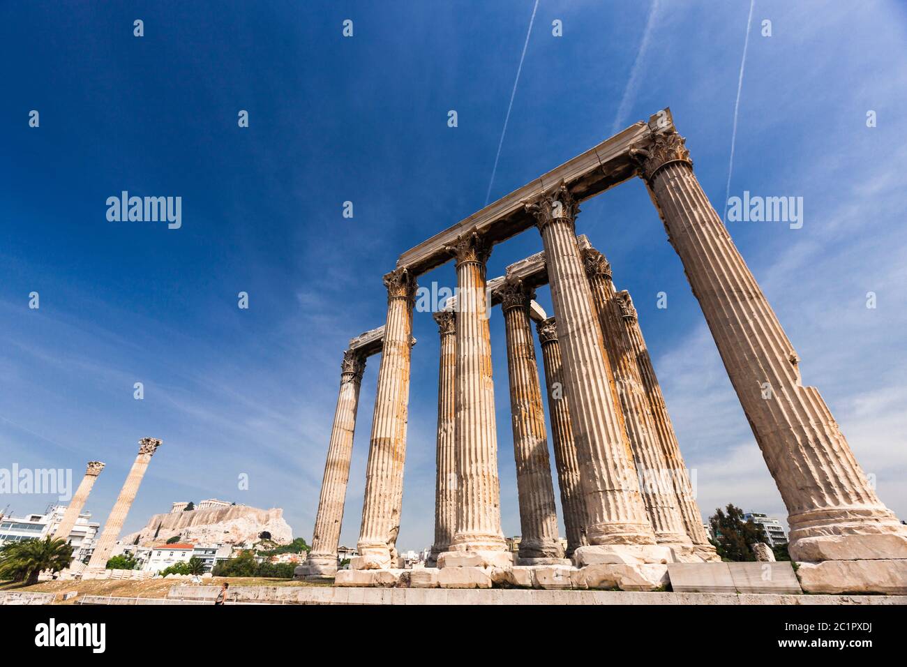 Temple of Zeus and Acropolis of Athens,Temple of Olympian Zeus,Columns of the Olympian Zeus,Athens,Greece,Europe Stock Photo