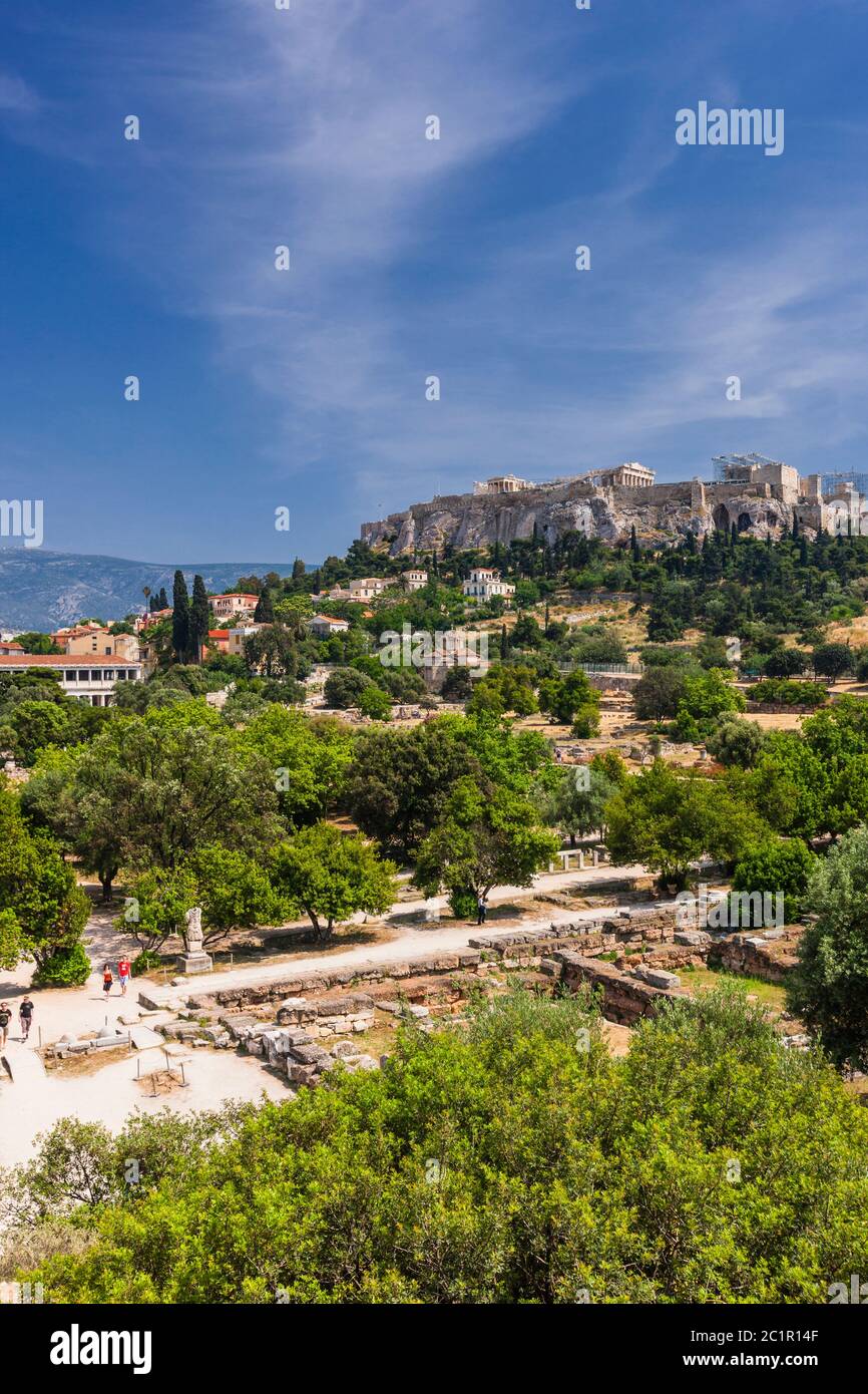 Ancient Agora ruins and Acropolis of Athens,Athens,Greece,Europe Stock Photo