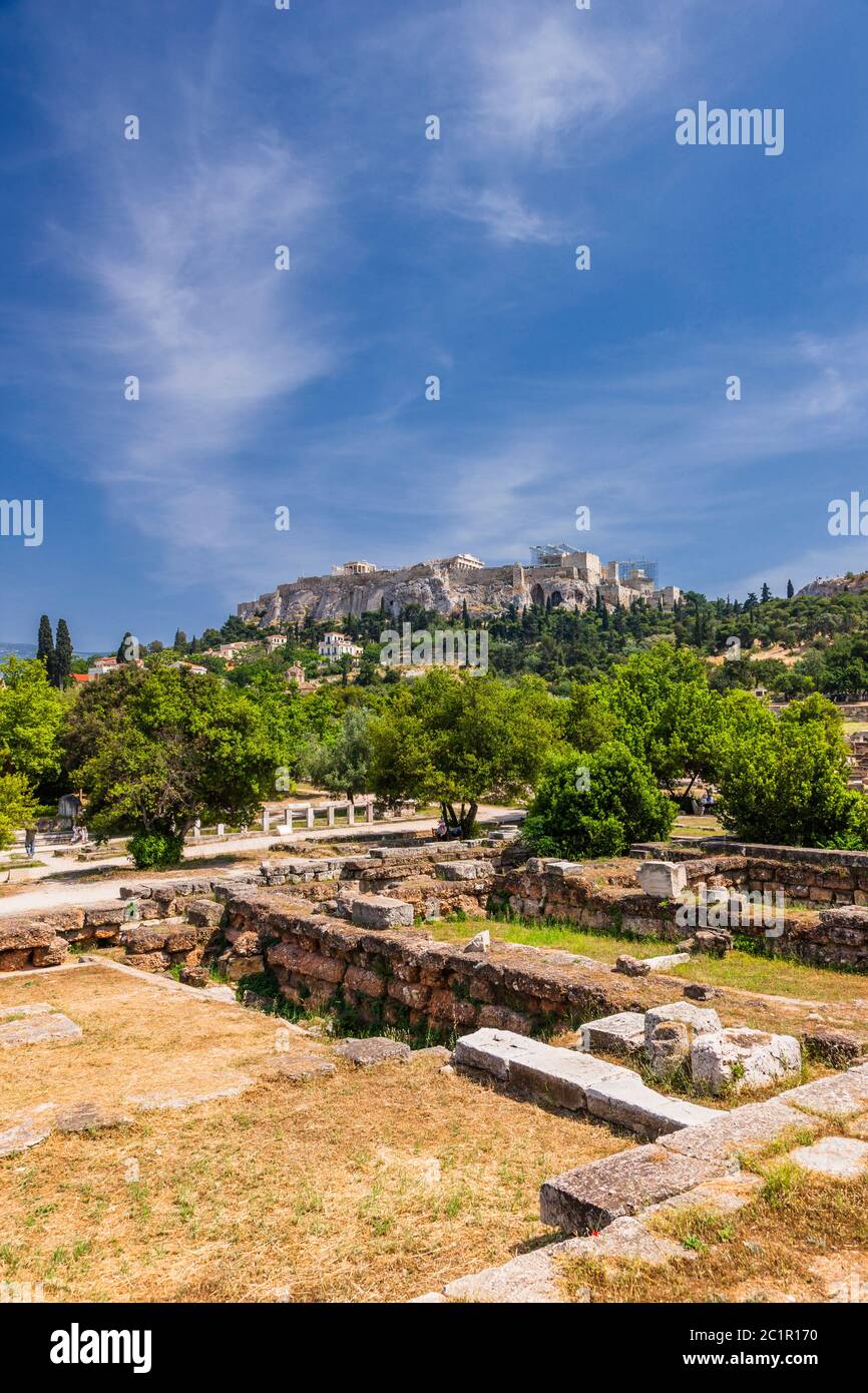 Ancient Agora ruins and Acropolis of Athens,Athens,Greece,Europe Stock Photo