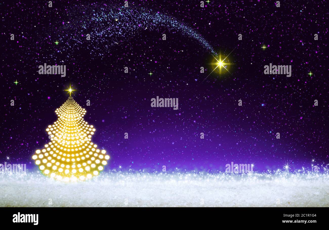 Golden Christmas tree and violet star sky. Christmas background. Stock Photo