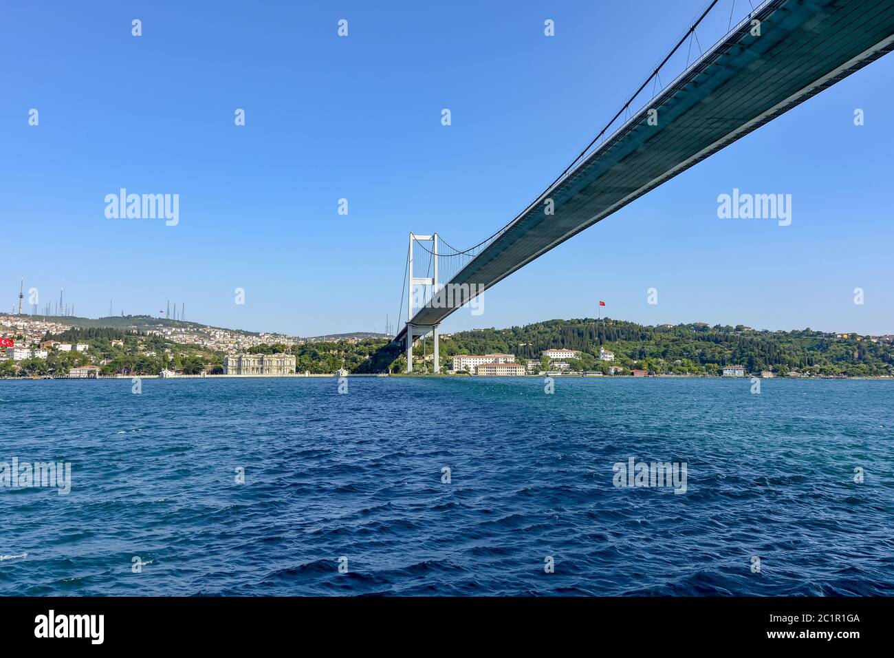 View of the historic city of Istanbul and its bridge over the Bosphorus Stock Photo