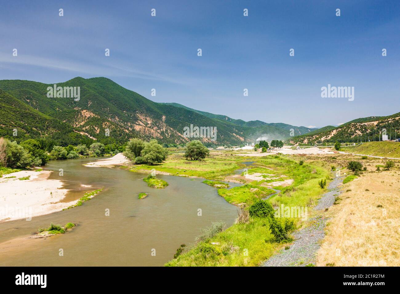 Struma river,ancient strymon river, near Bulgarian border,Landscape of Macedonia region, Suburb of Serres,Central Macedonia,Greece,Europe Stock Photo