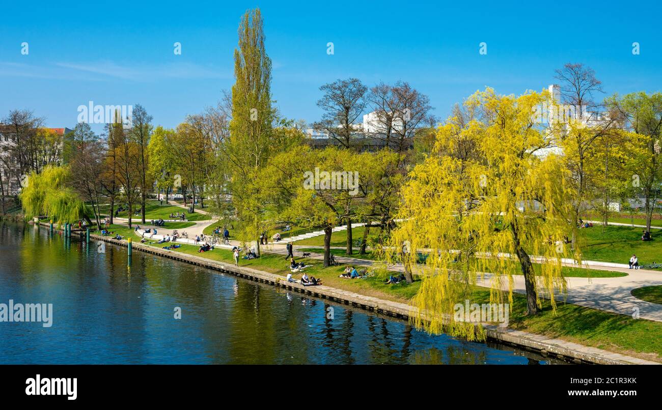 Spring day on the banks of the Spree in Berlin Mitte Stock Photo