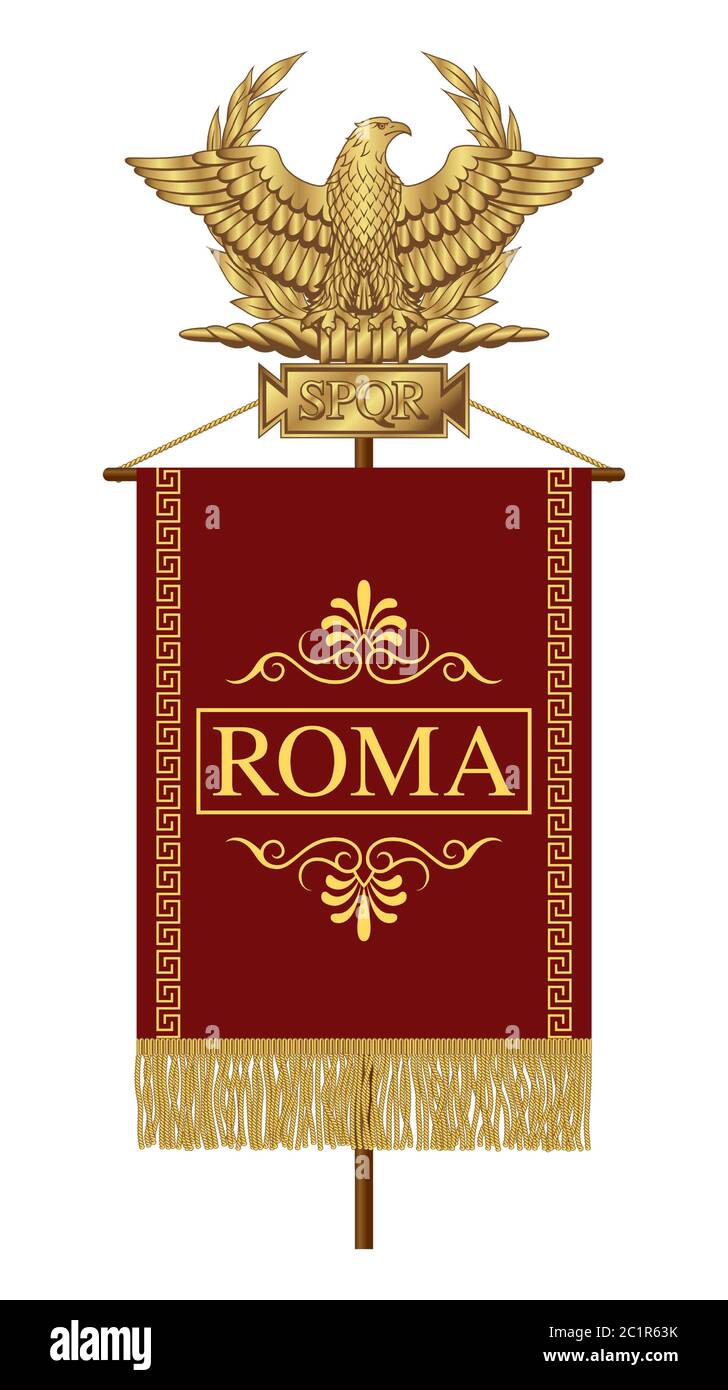 Roman Standard (Signa Romanum) with the inscription Roma. Roman Golden Eagle with the inscription S.P.Q.R. - Senatus Populus Quiritium Romanus, that Stock Vector