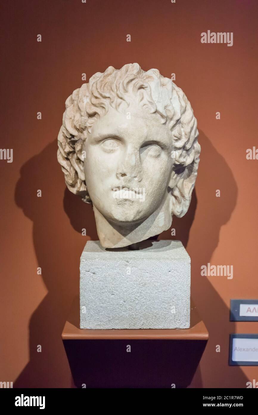 Marble head of Alexander the Great, Archaeological Museum of Pella, Pella, Central Macedonia,Greece,Europe Stock Photo