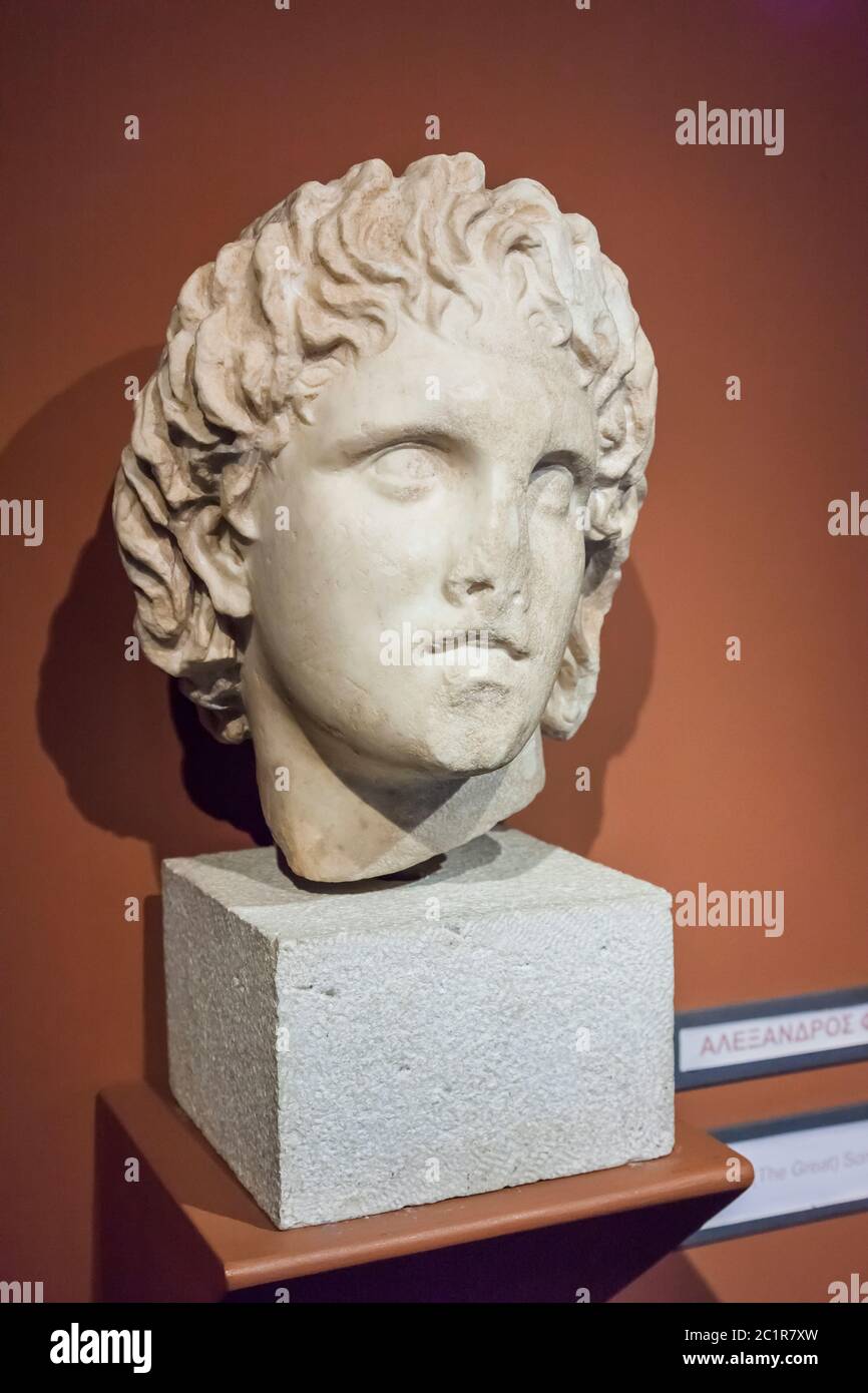 Marble head of Alexander the Great, Archaeological Museum of Pella, Pella, Central Macedonia,Greece,Europe Stock Photo