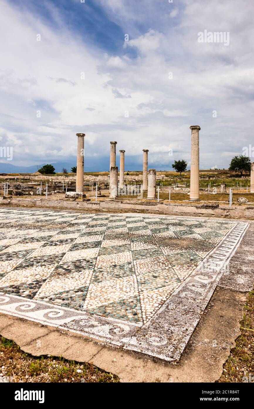 Atrium with mosaic, Archaelogical Site of Pella, Ancient capital of Macedon, Birthplace of Alexander the Great, Pella, Central Macedonia,Greece,Europe Stock Photo