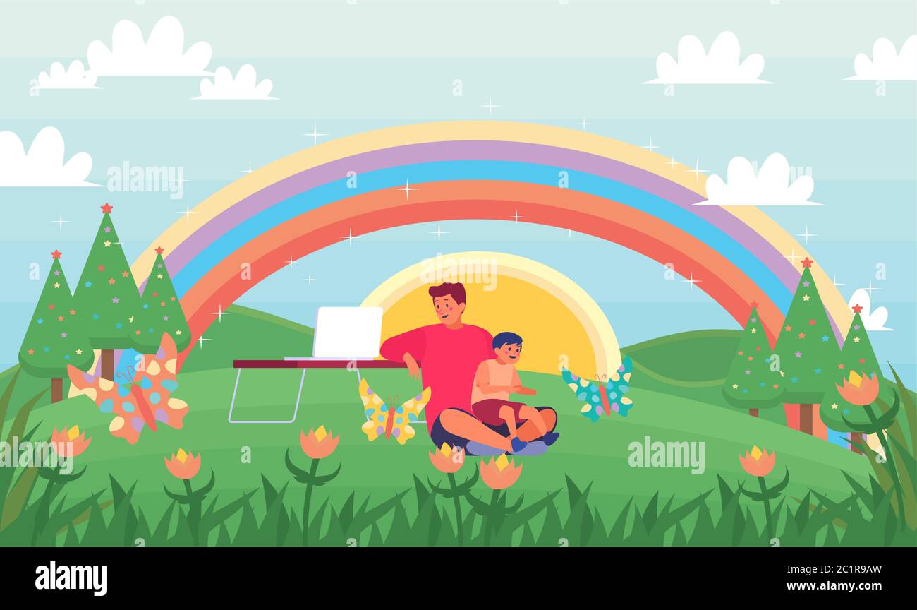 man playing with his son while working on laptop in the garden Stock Vector