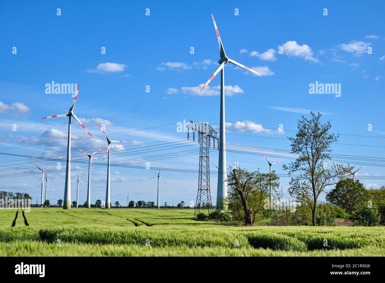 Overhead power lines and wind engines on a sunny day seen in Germany Stock Photo