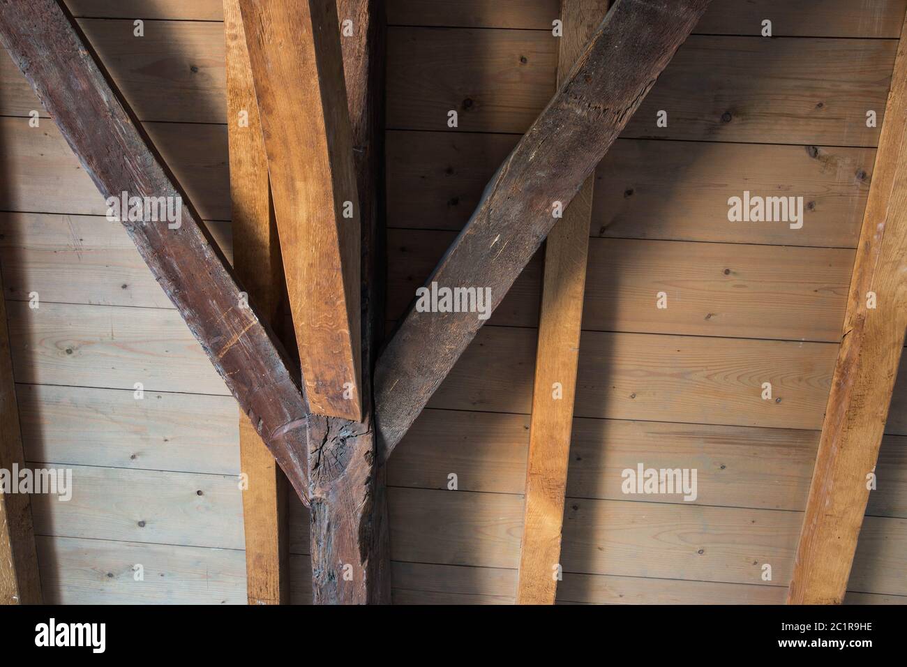 Interior view of a wooden roof structure, close-up wood texture Stock Photo