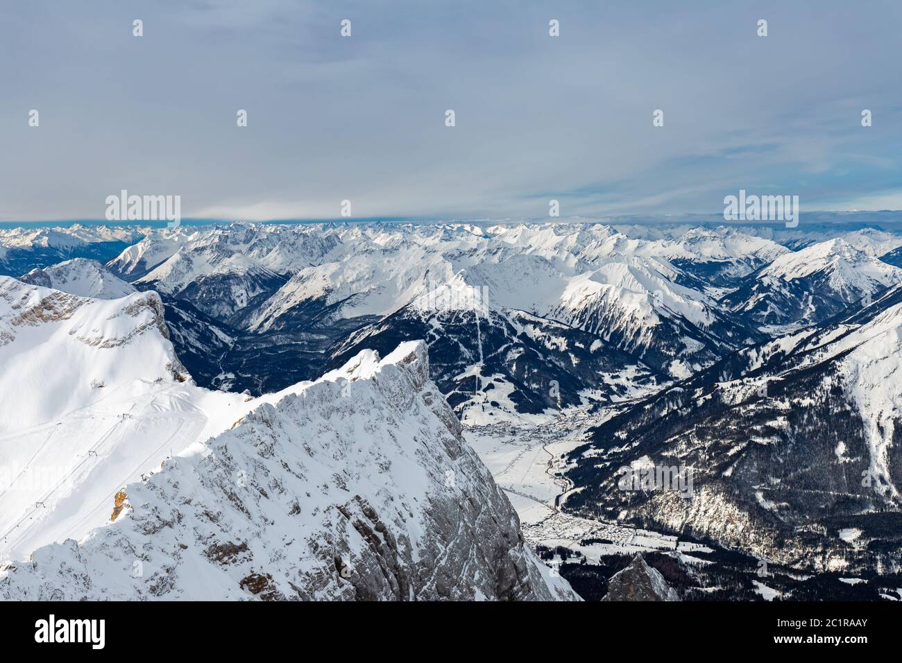 View from summit of Zugspitze mountain to Ehrwald, Tyrol Stock Photo