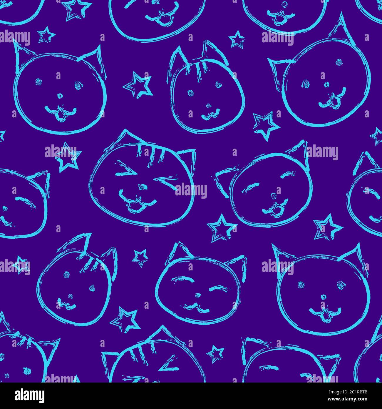 Smiling cat with stars on purple background. Seamless pattern Stock ...