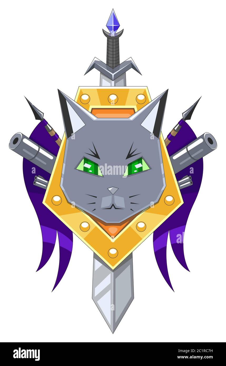 Robocat coat of arms. Cat head on yellow shield with purple flags and