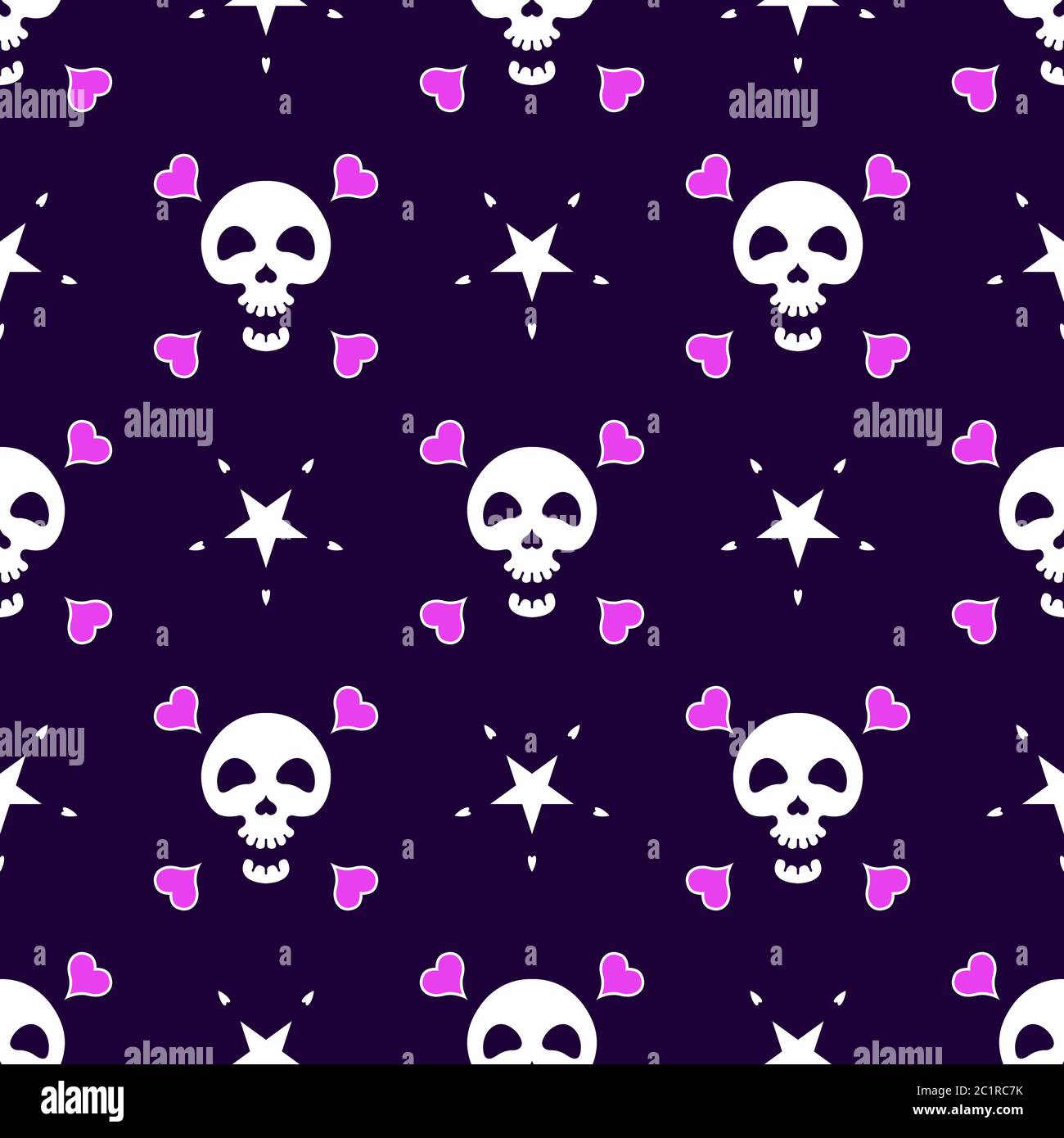 Skull with hearts and stars seamless pattern. Vector seamless texture. Stock Vector