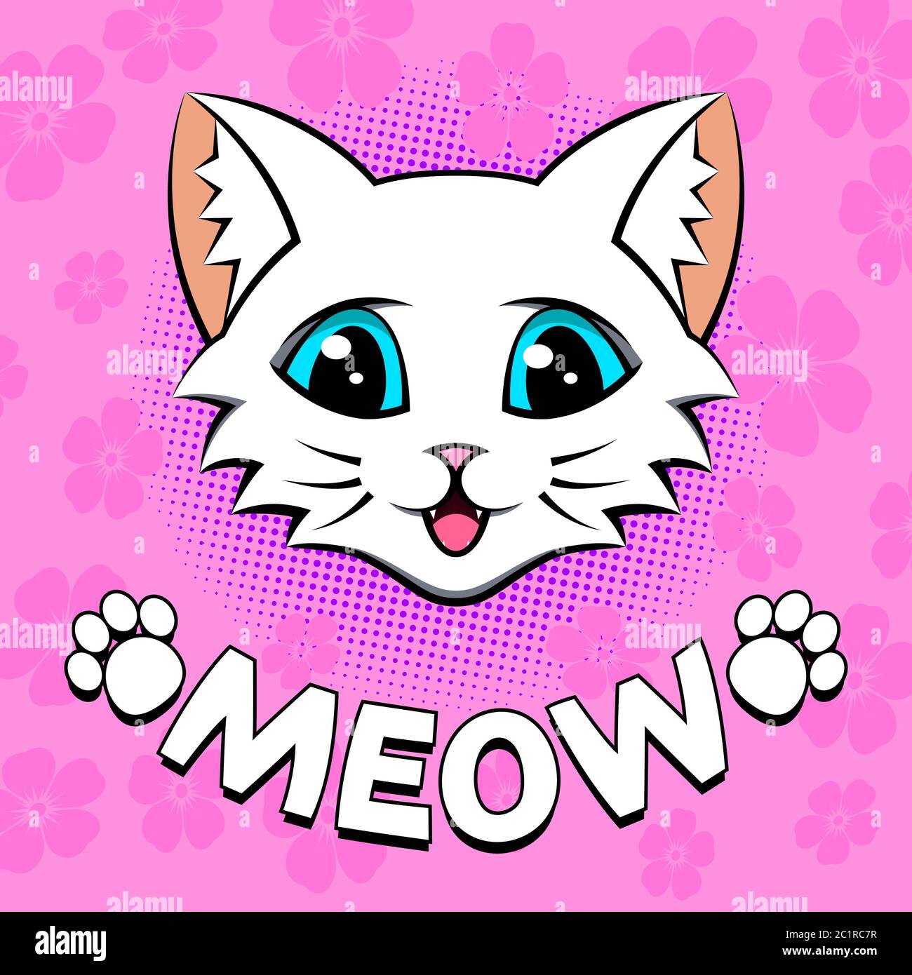 The head of a white kitty with paws and the inscription Meow on a pink background. Stock Vector