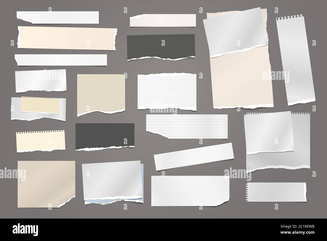 Torn white and brown note, notebook paper strips and pieces stuck on dark grey background. Vector illustration Stock Vector