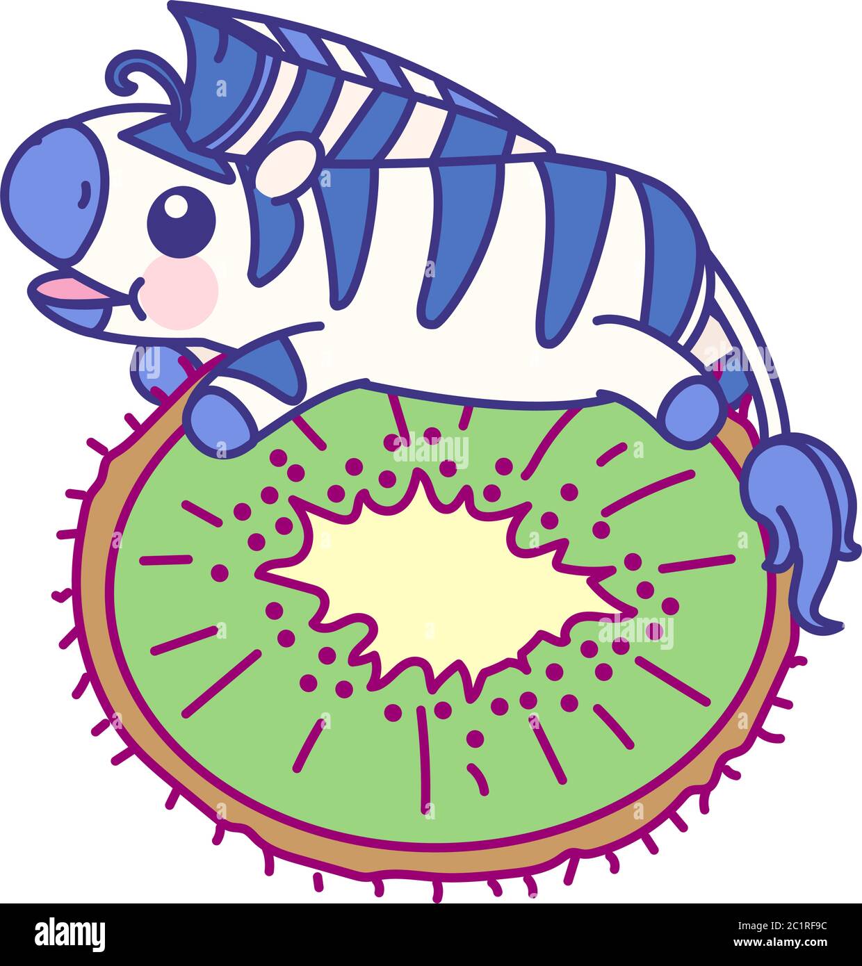vector flat striped baby zebra on cut kiwi Stock Vector