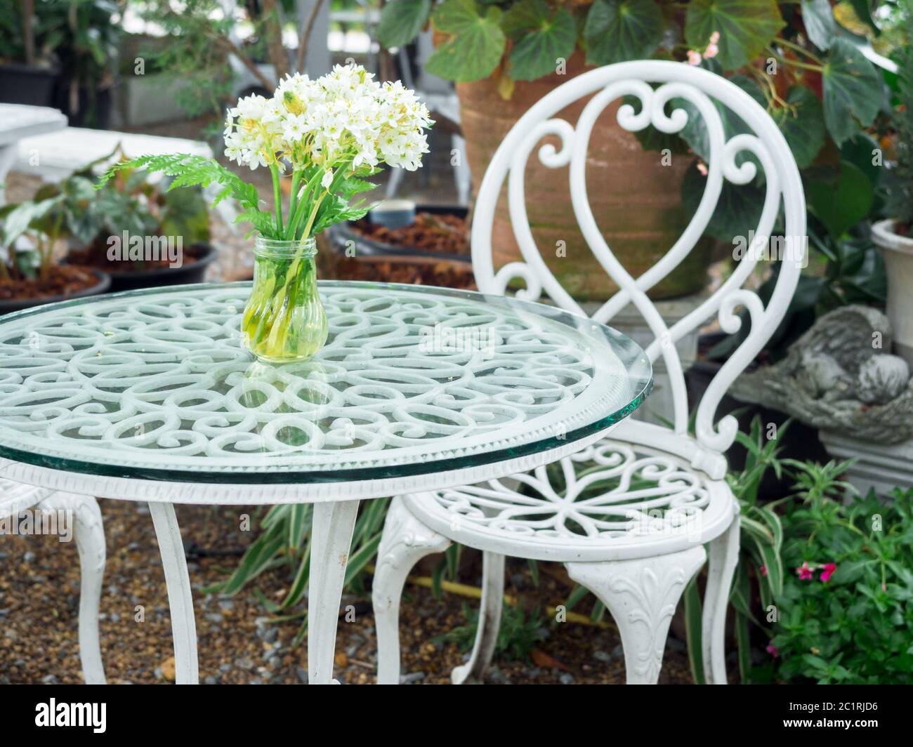 White Wrought Iron Table With White Flower In Vase On Glass Top And Chair Vintage Style In The Garden Stock Photo Alamy