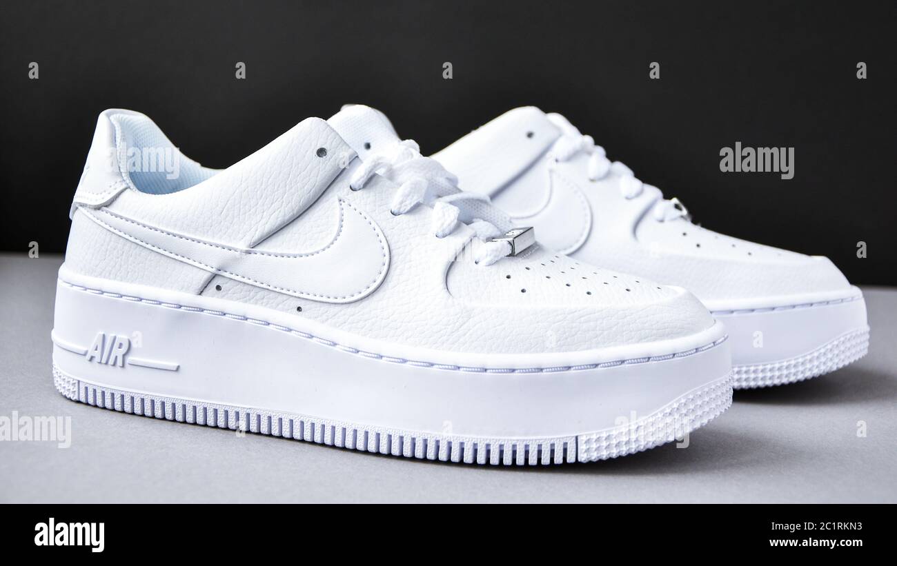 Zhytomyr, Ukraine - June 1, 2020: Nike Air Force 1 Sage white sneakers  product shot on gray background. Illustrative editorial photo Stock Photo -  Alamy