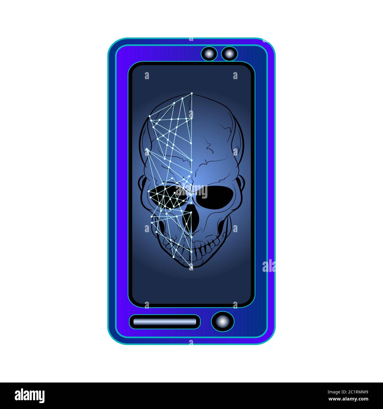 Skull on screen isolated on white background. Hacking face recognition technological system.Virus in smartphone. Concept of face scanning.Stock vector Stock Vector