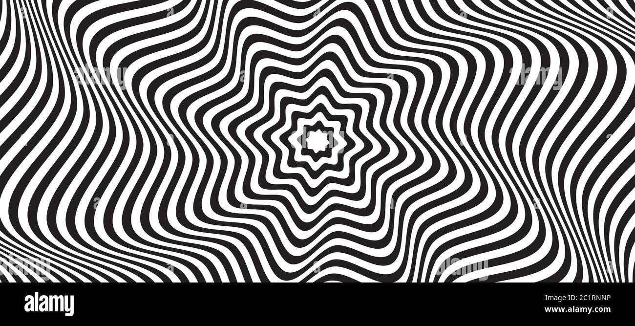 Opt illusion background. Optical illusion banner, distorted black and white lines. Vector illustration Stock Vector