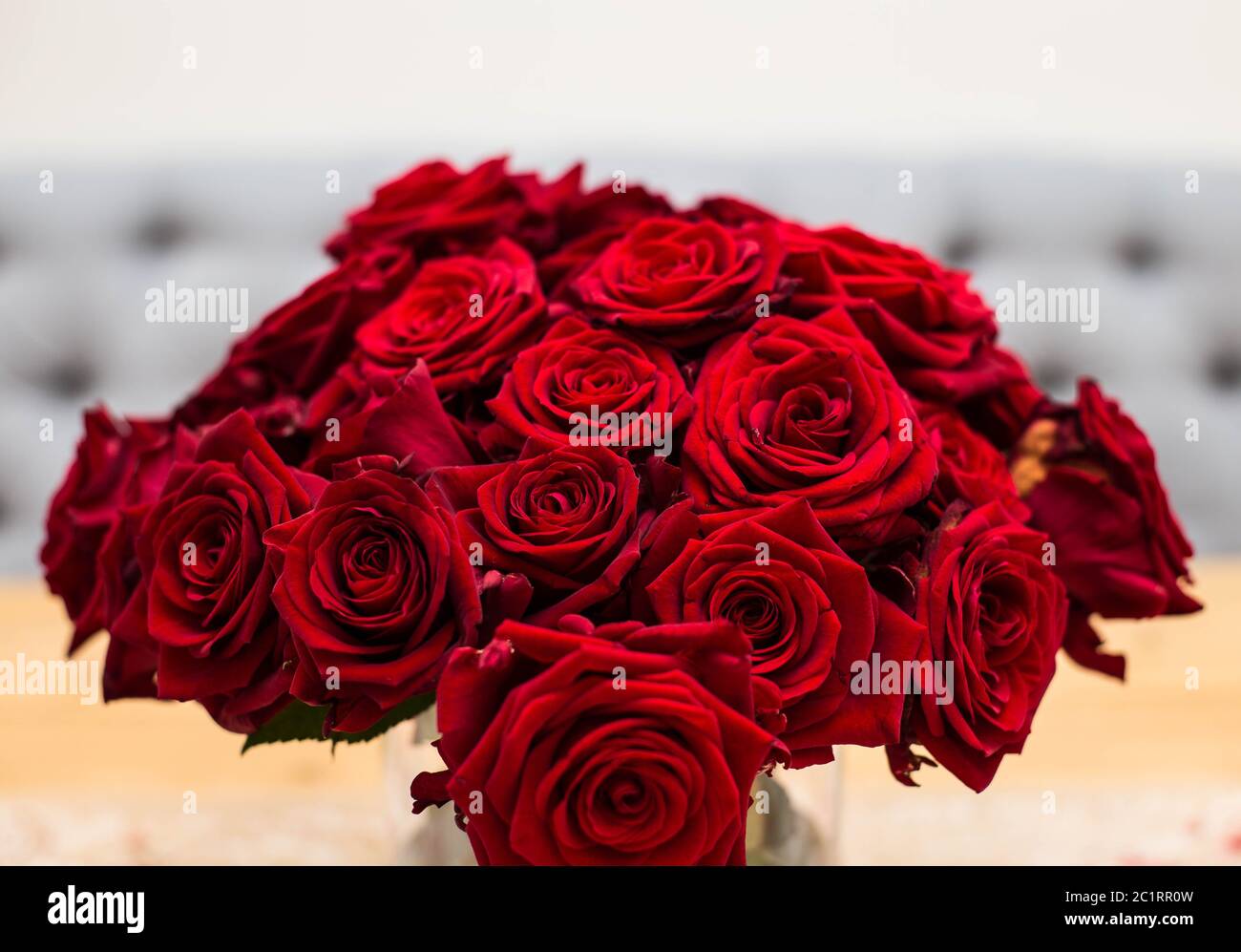 Red bouquet of red roses. Wedding flowers on gray background. Selective focus, valentine concept Stock Photo