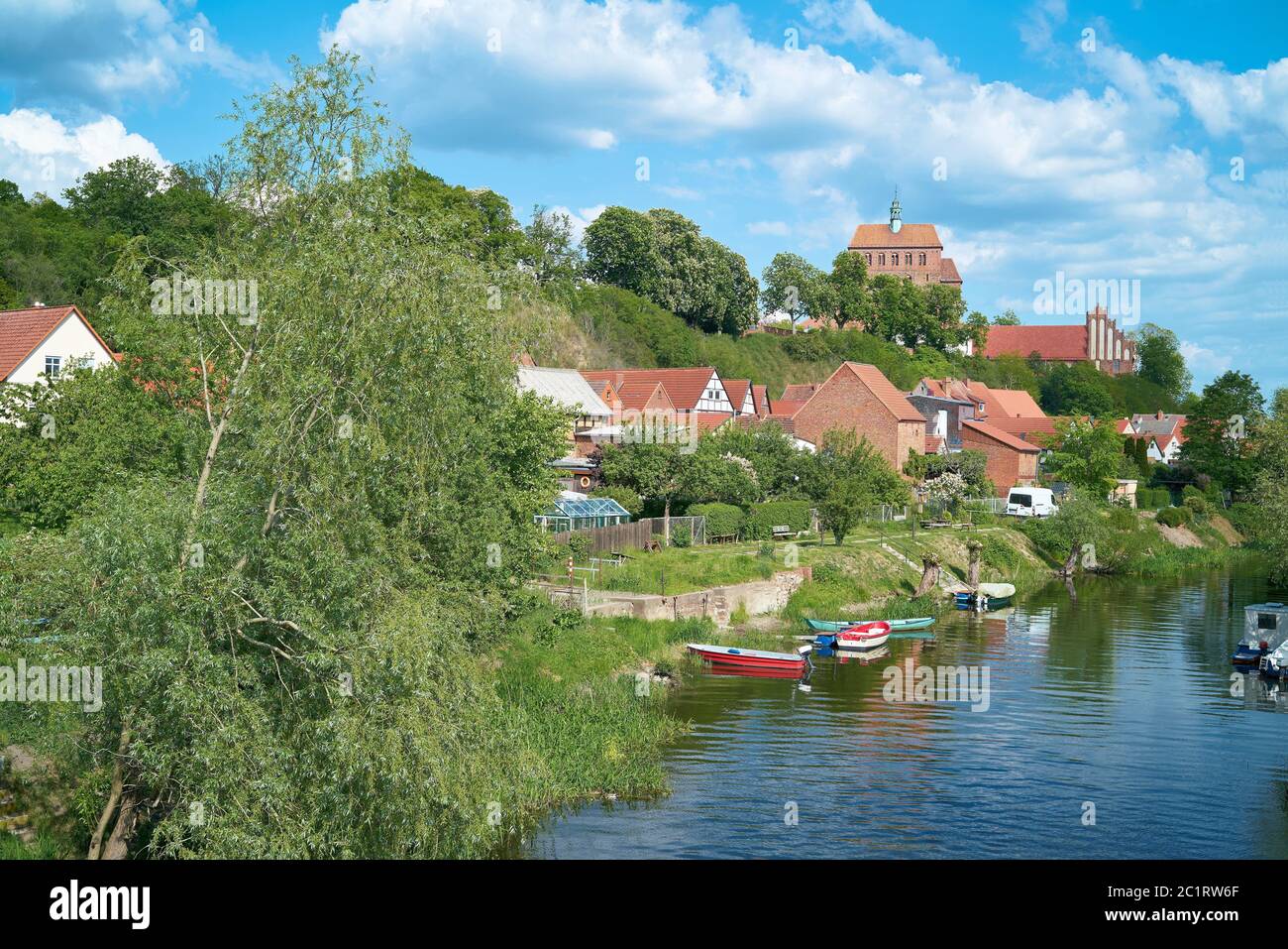 View of the river Havel and the cathedral in Havelberg Stock Photo