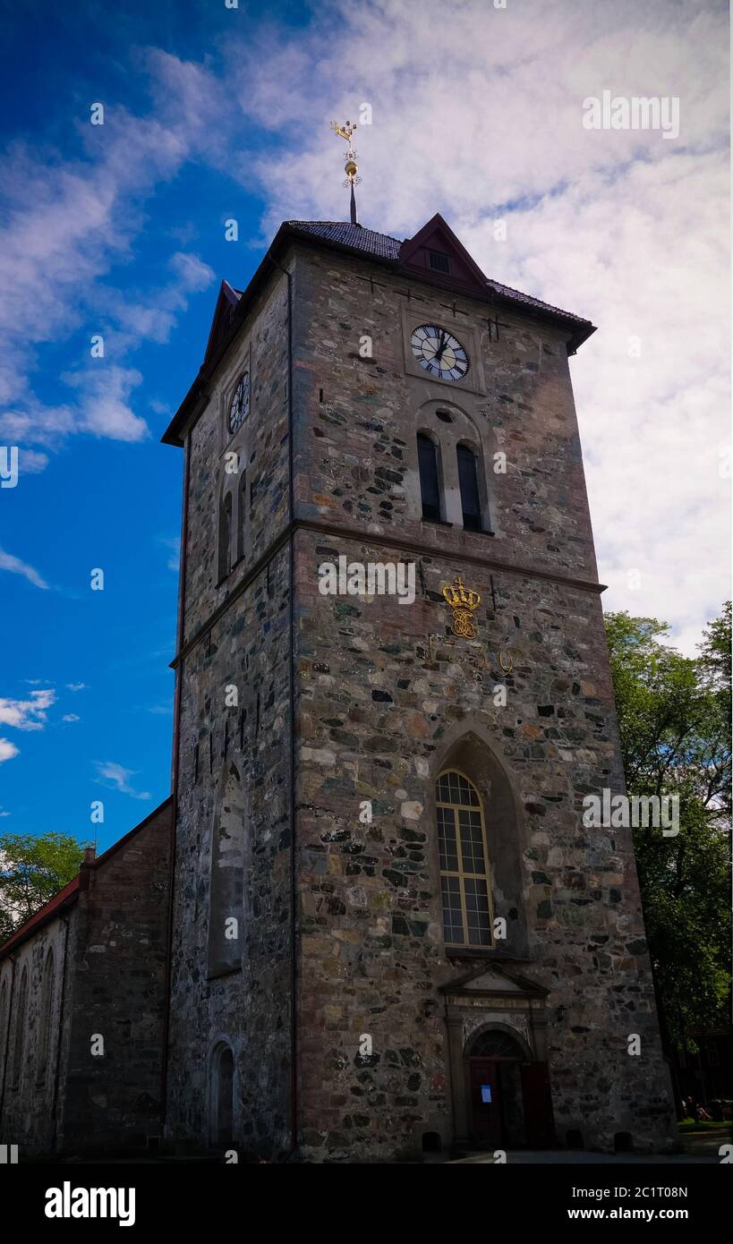 Exterior view to facade of Var Frue Kirke aka Our Lady Lutheran Church in Trondheim, Norway Stock Photo