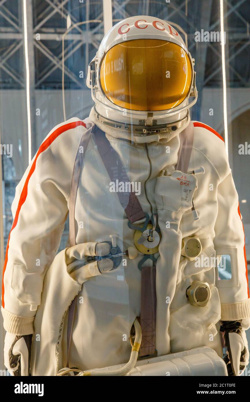 Moscow, Russia - November 28, 2018: Russian astronaut spacesuit in Moscow space museum that was specially developed for early sp Stock Photo