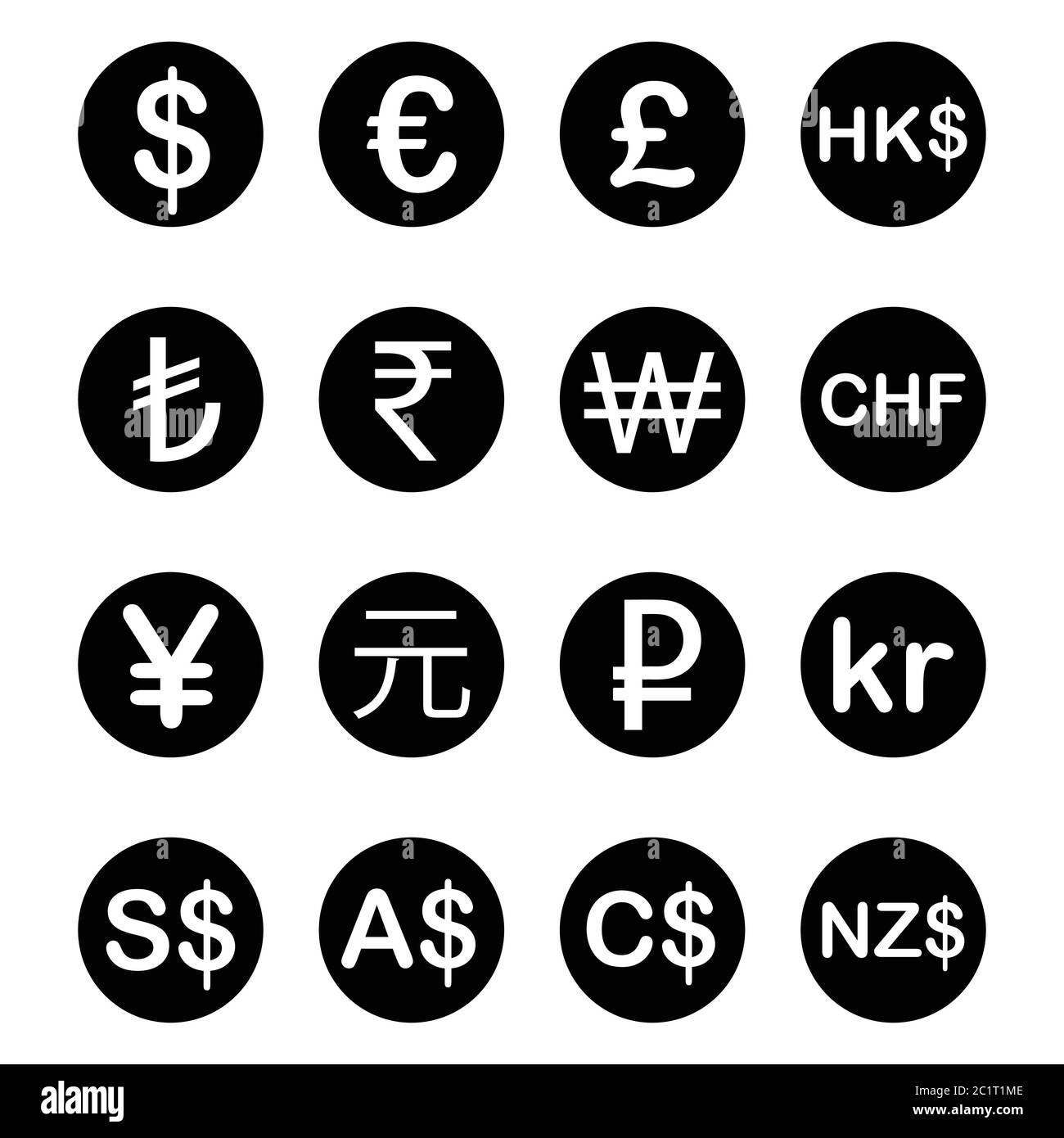 Various Currency FX Money Signs and Symbols with Descriptions. Black Illustration Isolated on a White Background. EPS Vector Stock Vector