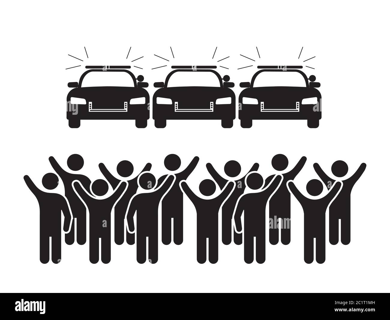 Crowd of People Protesters In Front of a Line of Police Cop Cars. Black Illustration Isolated on a White Background. EPS Vector Stock Vector