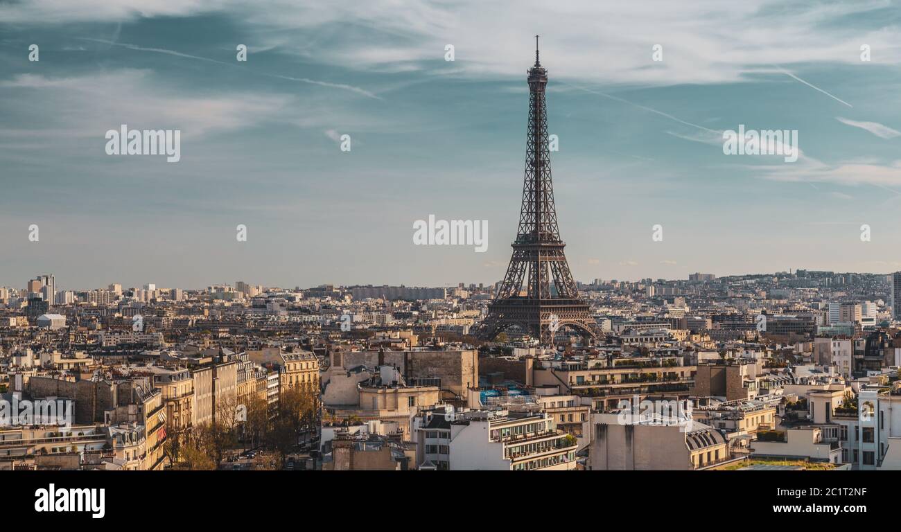 Beautiful panoramic view of Paris from the roof of the Triumphal Arch. Champs Elysees and the Eiffel Tower Stock Photo