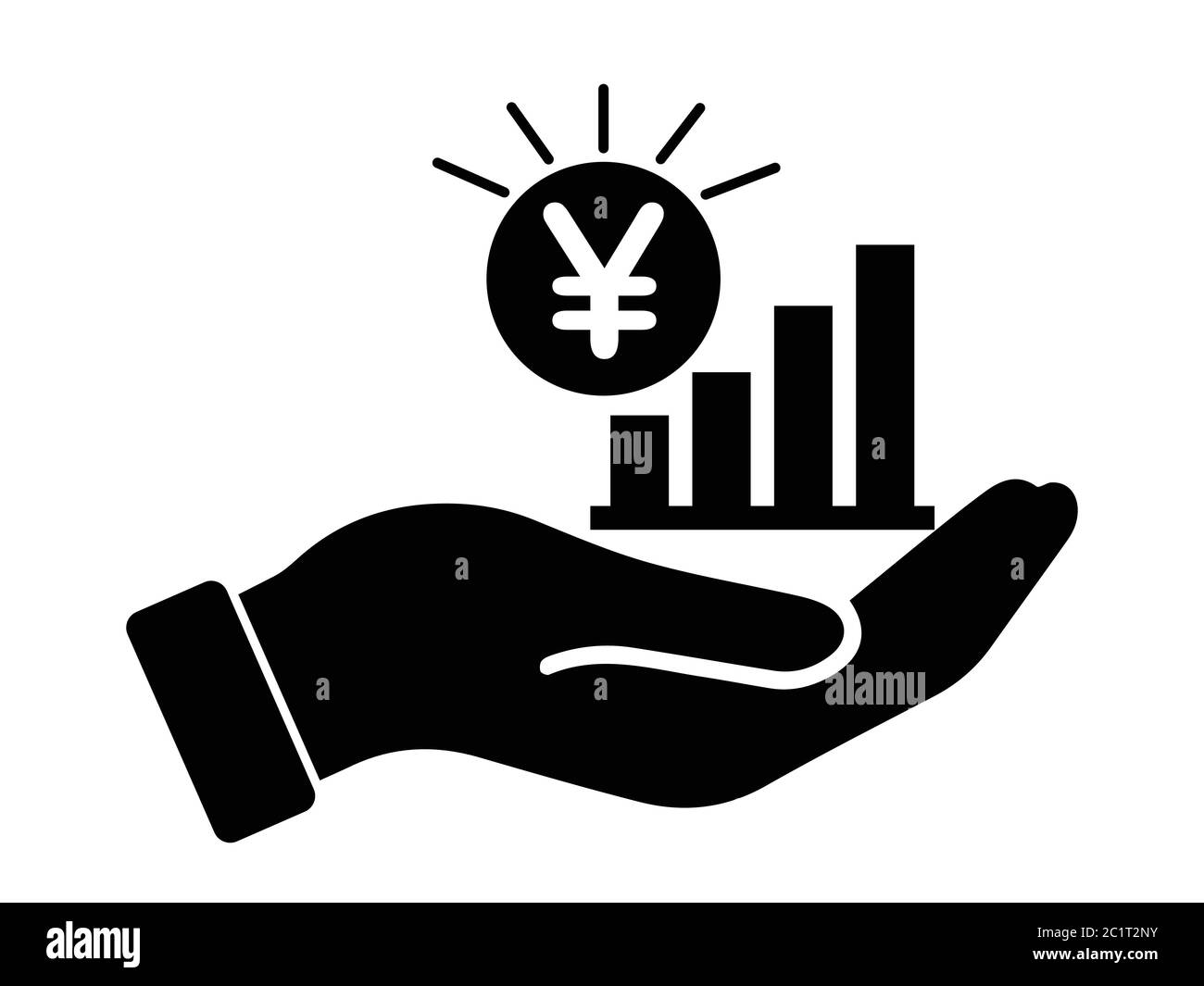 Palm Out JPY Japanese Yen Growth Bar Chart. Black Illustration Isolated on a White Background. EPS Vector Stock Vector