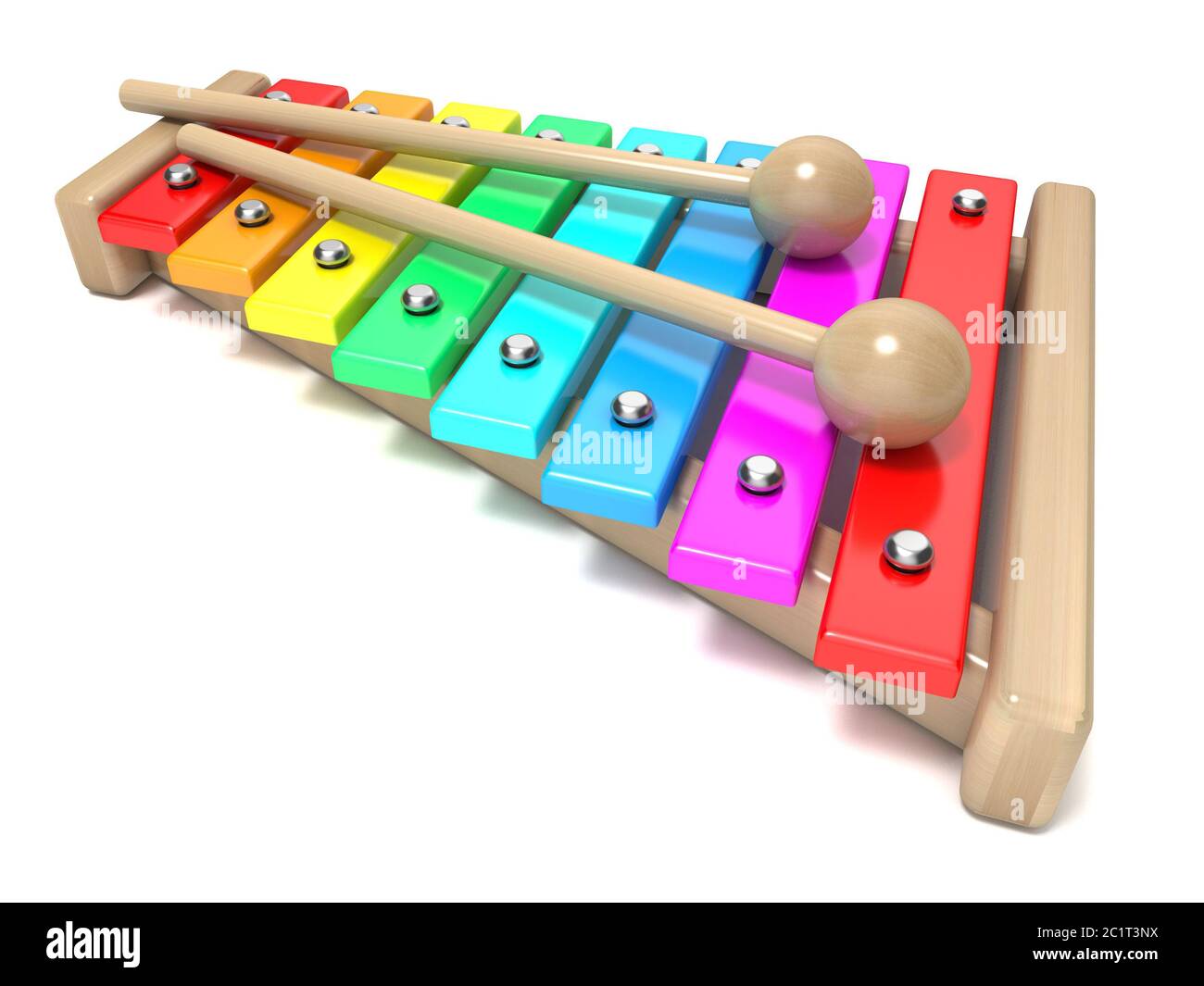 Xylophone with rainbow colored keys and with two wood drum sticks. 3D Stock Photo
