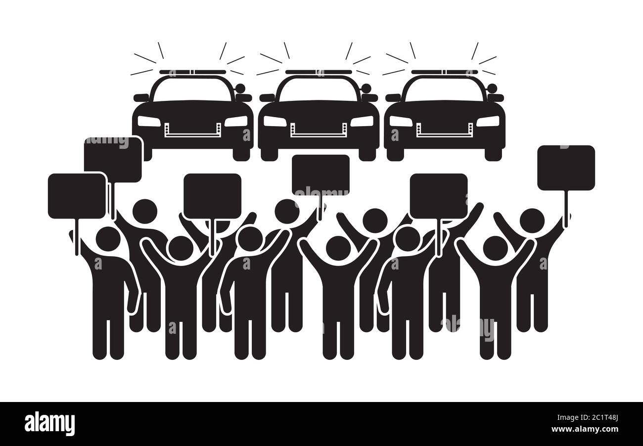 Protesters Signs Protesting In Front of Police Cop Cars. Black Illustration Isolated on a White Background. EPS Vector Stock Vector