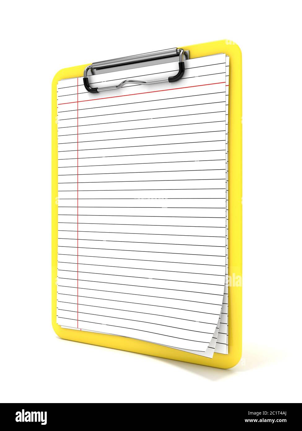 Yellow clipboard and blank lined paper. 3D Stock Photo